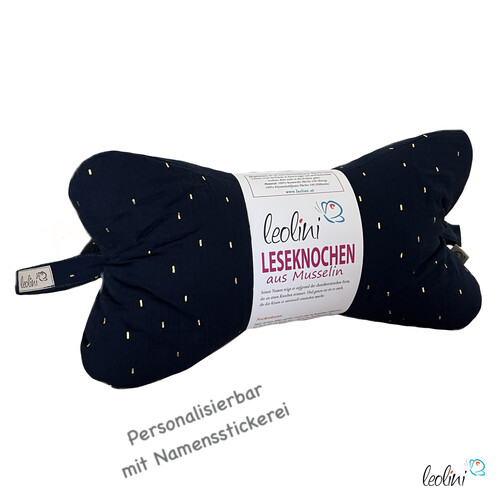 LeoliniLeseknochen MUSSELIN MARINE mit Goldglitzer | personalisierbar mit Stickerei -Musselin Leseknochen unifarben