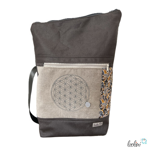 Foldover Tasche mit Blume des Lebens Stickerei | Taupe | mit Außenfach