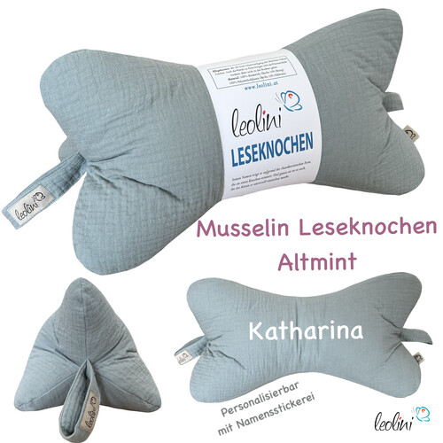 Leseknochen MUSSELIN in ALTMINT  | personalisierbar mit Stickerei