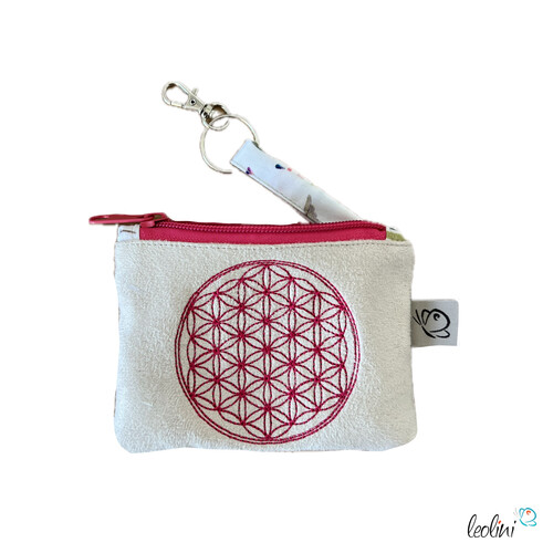 LeoliniSchlüsseltascherl mit Karabiner BLUME DES LEBENS PINK | Geldtasche mini | mit Stickerei handgefertigtSchlüsseltascherl