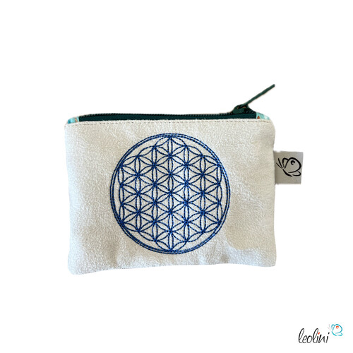 Schlüsseltascherl mit Karabiner BLUME DES LEBENS BLAU | Geldtasche mini | mit Stickerei handgefertigt