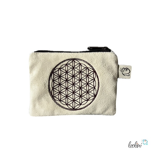 LeoliniSchlüsseltascherl mit Karabiner BLUME DES LEBENS BRAUN | Geldtasche mini | mit Stickerei handgefertigtSchlüsseltascherl