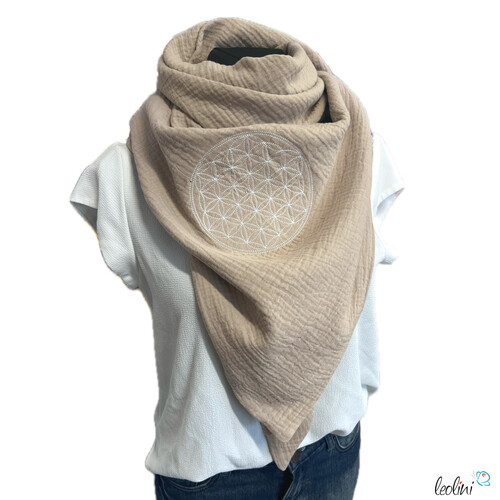 LeoliniDreieckiges Musselin-Tuch XL – Double Gauze mit Blume des Lebens -Stickerei | BEIGETücher / Schals