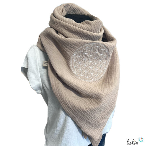 LeoliniDreieckiges Musselin-Tuch XL – Double Gauze mit Blume des Lebens -Stickerei | BEIGETücher / Schals