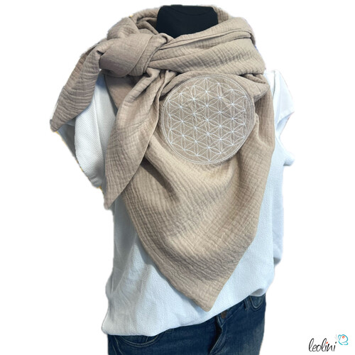 LeoliniDreieckiges Musselin-Tuch XL – Double Gauze mit Blume des Lebens -Stickerei | BEIGETücher / Schals