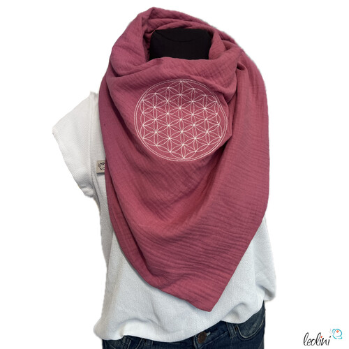 Dreieckiges Musselin-Tuch XL – Double Gauze mit Blume des Lebens -Stickerei | HIMBEERTücher / Schals