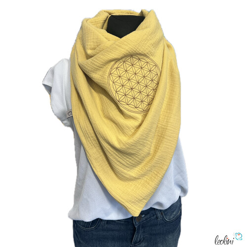 Dreieckiges Musselin-Tuch XL – Double Gauze mit Blume des Lebens Stickerei altgelb