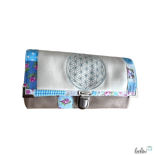 Portemonnaie mit Stickerei | Blume des Lebens | BEIGE HELLBLAU | Geldbörse