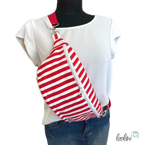 LeoliniBauchtasche XL | Crossbody-Bag | Gürteltasche aus CANVAS - STREIFEN ROT-WEISSTaschen mit Stickerei und Basic Taschen