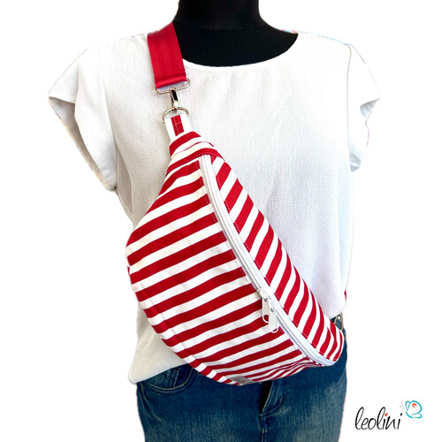 LeoliniBauchtasche XL | Crossbody-Bag | Gürteltasche aus CANVAS - STREIFEN ROT-WEISSTaschen mit Stickerei und Basic Taschen