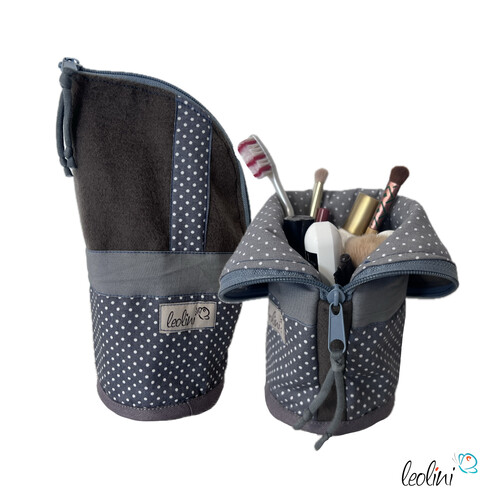 Stehende Stiftetasche Leo | Federpennal Federmäppchen PUNKTE GRAU | personalisierbar mit NamenStehende Stiftetaschen LEOLeolini