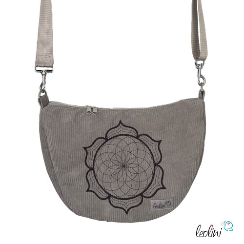 Moonbag mit Lotus des Lebens Stickerei in BEIGE aus Breitcord | Umhängetasche | handgefertigtTaschen mit Stickerei und Basic Taschen