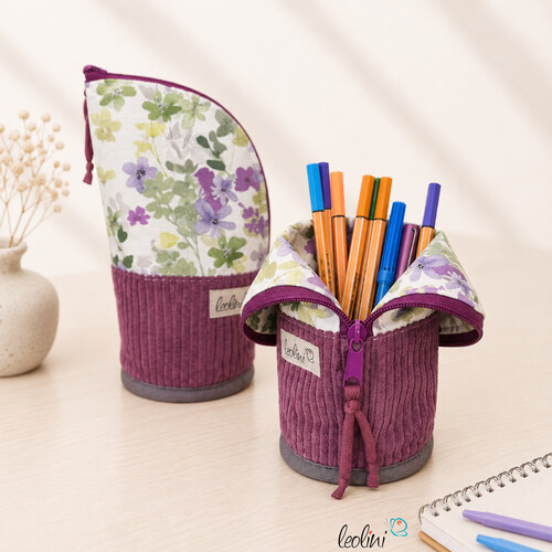 Stehende Stiftetasche aus CORD Leo | Federpennal Schminktasche BROMBEERBLÜTE