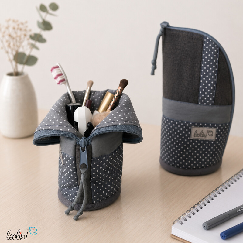 LeoliniStehende Stiftetasche Leo | Federpennal Federmäppchen PUNKTE GRAU | personalisierbar mit NamenStehende Stiftetaschen LEO