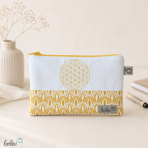 Allzwecktasche Schminktasche Blume des Lebens PERSONALISIERBAR | GELB | Zipptasche