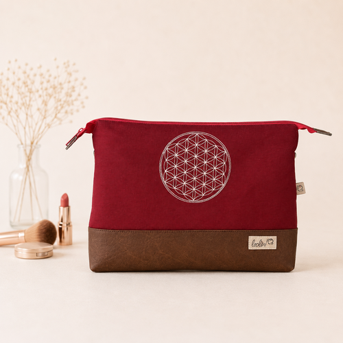 Große Kosmetiktasche | BLUME DES LEBENS bordeaux Kulturbeutel mit vielen Fächern