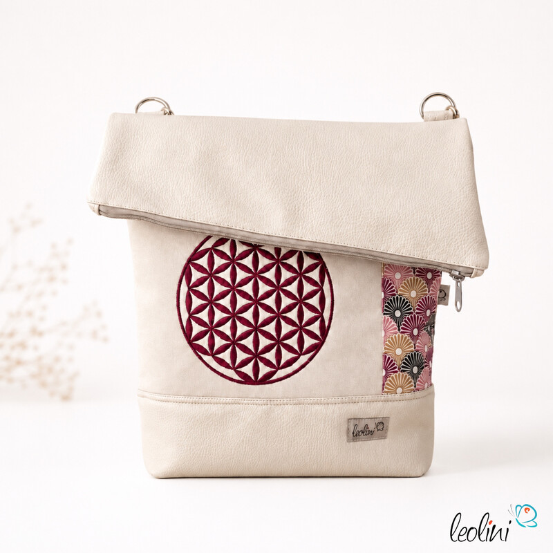 LeoliniFoldover Tasche mit Blume des Lebens Stickerei | BEIGE WEINROT | mit AußenfachTaschen mit Stickerei und Basic Taschen