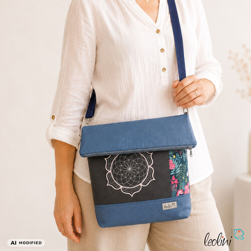 LeoliniFoldover Tasche mit Lotus des Lebens Stickerei | BLAU | mit AußenfachTaschen mit Stickerei und Basic Taschen
