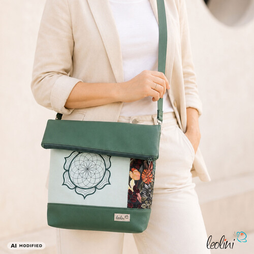 LeoliniFoldover Tasche mit Lotus des Lebens Stickerei | GRÜN | mit AußenfachTaschen mit Stickerei und Basic Taschen