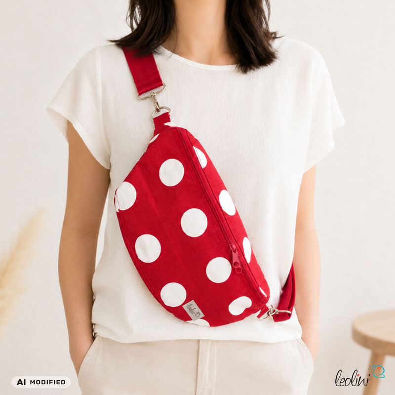 LeoliniBauchtasche XL | Crossbody-Bag | Gürteltasche aus CANVAS - PUNKTE ROT-WEISSTaschen mit Stickerei und Basic Taschen