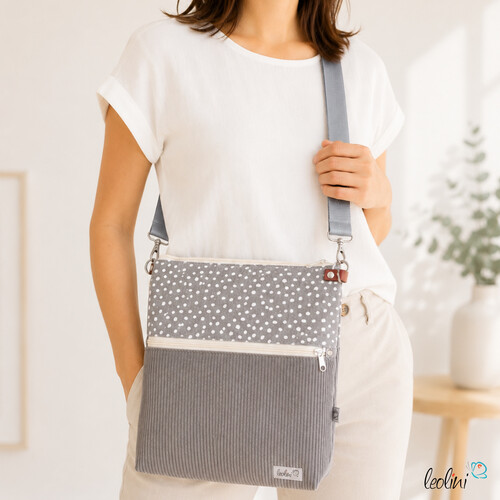 Umhängetasche Cord & Canvas GRAU PÜNKTCHEN | mit Außenfach