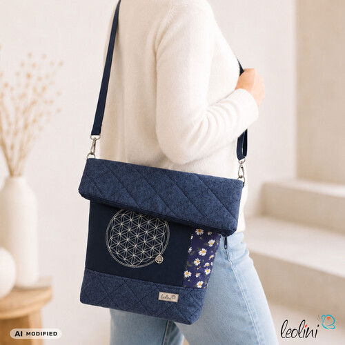 LeoliniFoldover Tasche mit Blume des Lebens Stickerei | Dunkelblau | mit AußenfachTaschen mit Stickerei und Basic Taschen