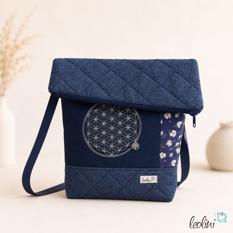LeoliniFoldover Tasche mit Blume des Lebens Stickerei | Dunkelblau | mit AußenfachTaschen mit Stickerei und Basic Taschen