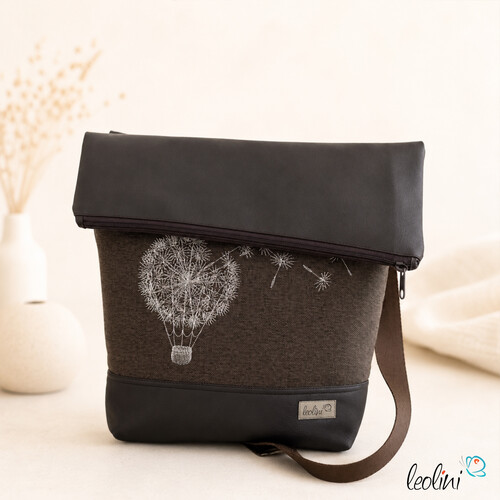 Foldover Tasche mit Pusteblumen Stickerei | Mokka | mit Außenfach