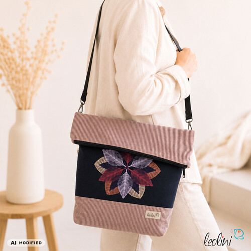 LeoliniFoldover Tasche aus CORD mit Blumen Stickerei | Cordtasche in Helle Mauve | mit AußenfachTaschen mit Stickerei und Basic Taschen