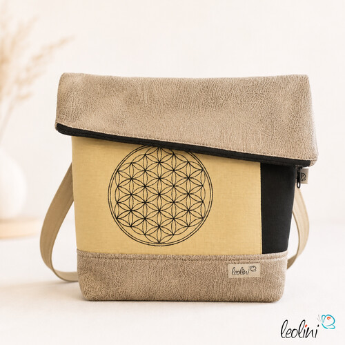 Foldover Tasche mit BLUME DES LEBENS Stickerei beige gold und SCHWARZ | mit Außenfach
