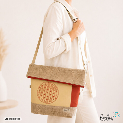 LeoliniFoldover Tasche mit BLUME DES LEBENS Stickerei beige gold und ROST | mit AußenfachTaschen mit Stickerei und Basic Taschen