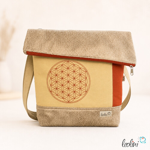 Foldover Tasche mit BLUME DES LEBENS Stickerei beige gold und ROST | mit Außenfach