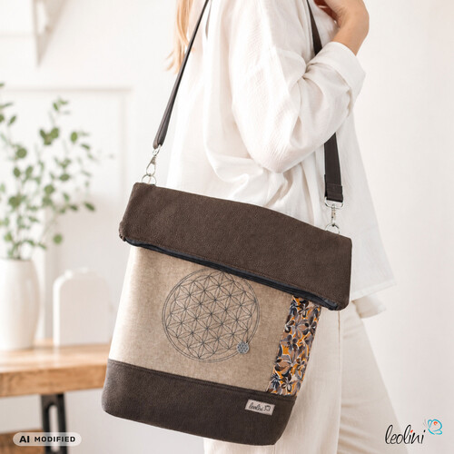 LeoliniFoldover Tasche mit Blume des Lebens Stickerei | Taupe | mit AußenfachTaschen mit Stickerei und Basic Taschen