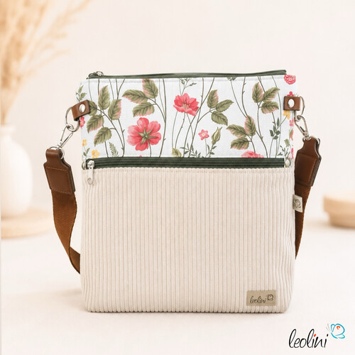 Umhängetasche Cord & Canvas CREME BLÜMCHEN | mit Außenfach