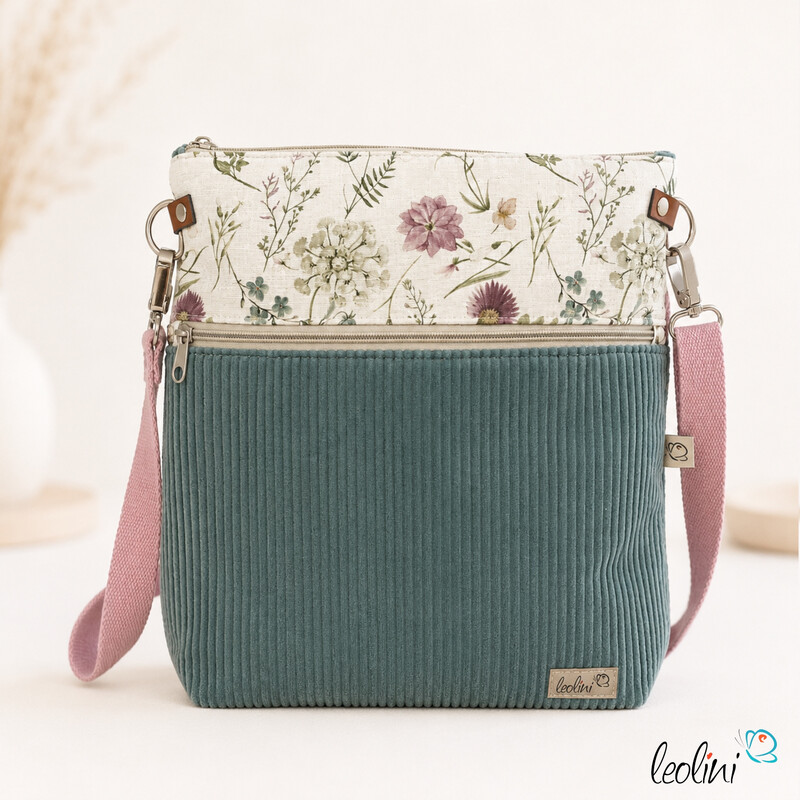 LeoliniUmhängetasche Cord & Canvas MINT mit BLÜMCHEN | mit AußenfachTaschen mit Stickerei und Basic Taschen
