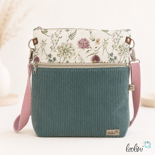 Umhängetasche Cord & Canvas MINT mit BLÜMCHEN | mit Außenfach