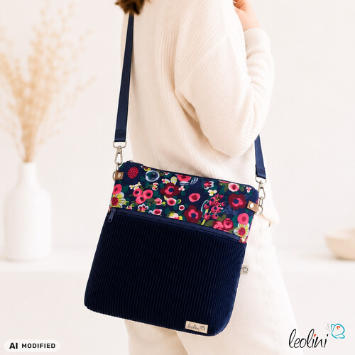 LeoliniUmhängetasche Cord DUNKELBLAU BLÜMCHEN | mit AußenfachTaschen mit Stickerei und Basic Taschen