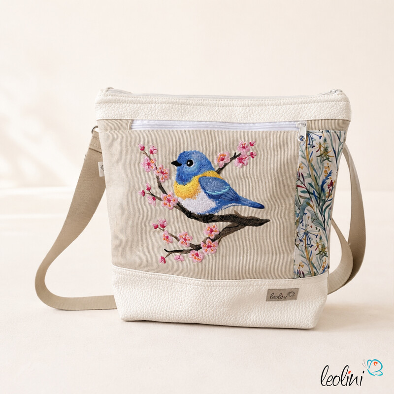LeoliniUmhängetasche KIRSCHBLÜTEN & BLAUMEISE Stickerei - Tasche mit praktischem AußenfachTaschen mit Stickerei und Basic Taschen