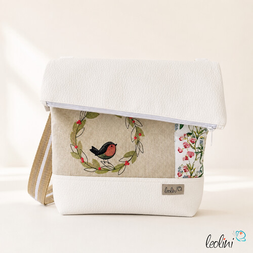 Foldover Tasche mit Vogerl Stickerei in weiß | mit Außenfach