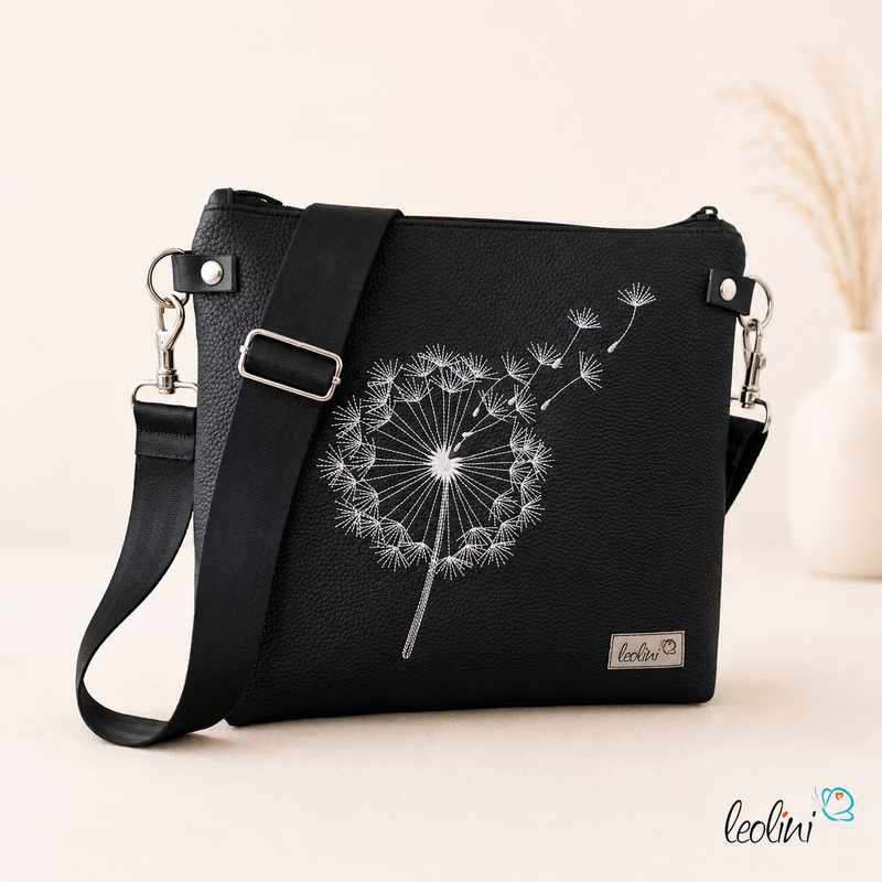 LeoliniUmhängetasche PUSTEBLUME in schwarz | Handgefertigte Crossover Bag LENO 3.0Taschen mit Stickerei und Basic Taschen