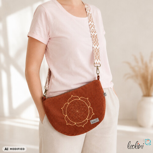 LeoliniMoonbag mit Lotus des Lebens Stickerei in ROST aus Breitcord | Umhängetasche | handgefertigtTaschen mit Stickerei und Basic Taschen