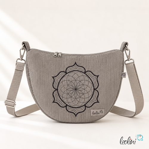 Moonbag mit Lotus des Lebens Stickerei in BEIGE aus Breitcord | Umhängetasche | handgefertigt