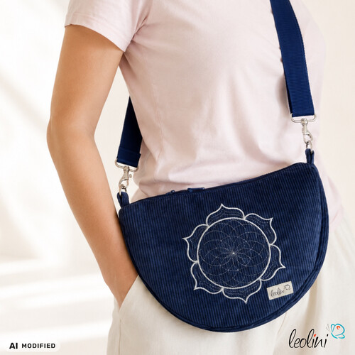 LeoliniMoonbag mit Lotus des Lebens Stickerei in BLAU aus Breitcord | Umhängetasche | handgefertigtTaschen mit Stickerei und Basic Taschen