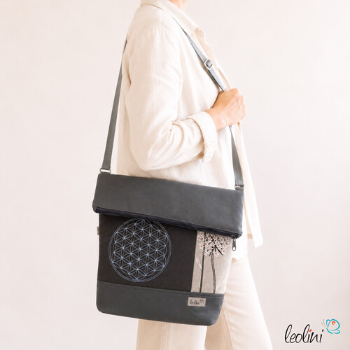 LeoliniFoldover Tasche mit Blume des Lebens Stickerei mit Pusteblume | Grau | mit AußenfachTaschen mit Stickerei und Basic Taschen