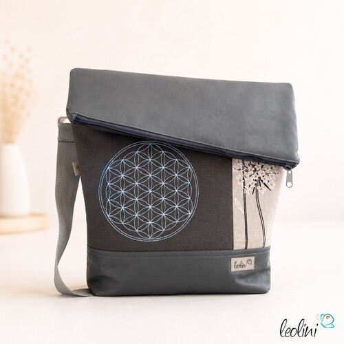 Foldover Tasche mit Blume des Lebens Stickerei mit Pusteblume | Grau | mit Außenfach