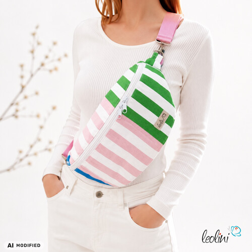 Bauchtasche XL | Crossbody-Bag | Gürteltasche aus CANVAS - STREIFEN Rosa Grün