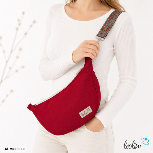 LeoliniMoon Bag Luna | Halbmondtasche – Handgefertigte Schultertasche in Rot MoonbagTaschen mit Stickerei und Basic Taschen