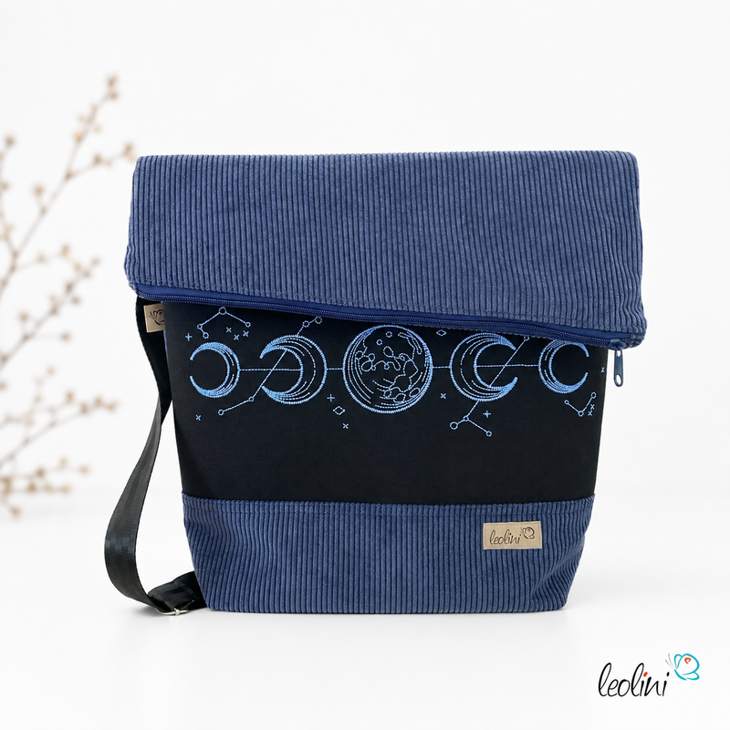 LeoliniFoldover Tasche aus CORD mit MONDPHASEN Stickerei | Cordtasche in Jeansblau | mit AußenfachTaschen mit Stickerei und Basic Taschen