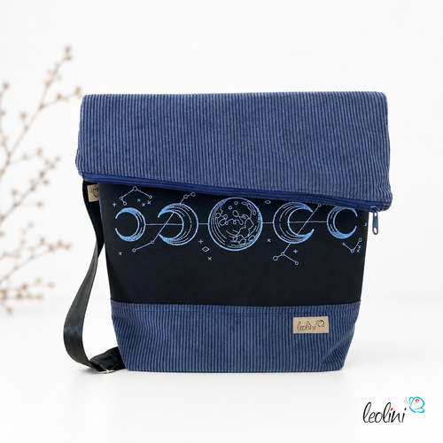 Foldover Tasche aus CORD mit MONDPHASEN Stickerei | Cordtasche in Jeansblau | mit Außenfach