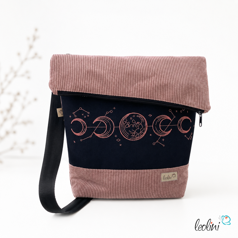 LeoliniFoldover Tasche aus CORD mit MONDPHASEN Stickerei | Cordtasche in Helle Mauve | mit AußenfachTaschen mit Stickerei und Basic Taschen